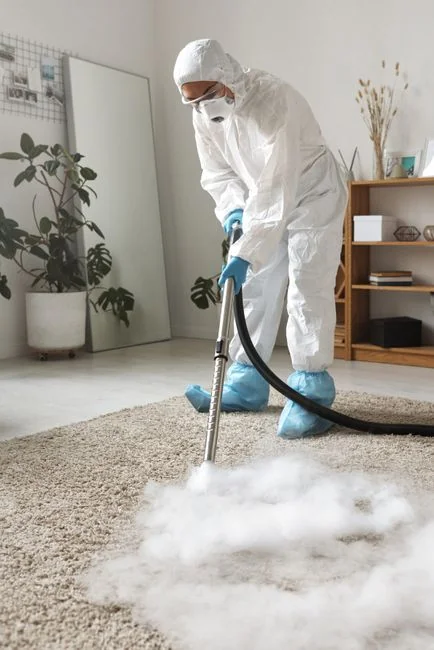 A young boy vacuums the living room carpet while his grandfather relaxes on the sofa.